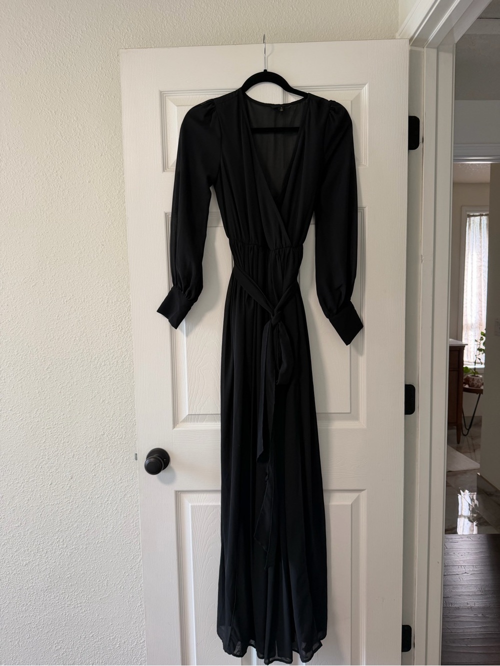 Miss Avenue Black Long Sleeve Wrap Maxi Dress with Tie Waist